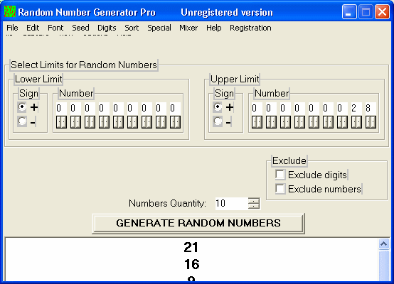The main interface of Random Number Generator Pro