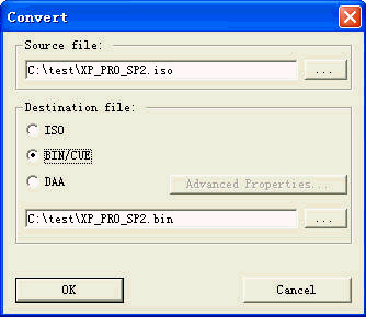 The "Convert" dialog will pop up. Choose the source and destination file's name, set the destination file type to BIN/CUE, then click "OK".